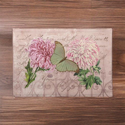 Vintage Pink chrysanthemums Luna Moth Ephemera Cloth Placemat