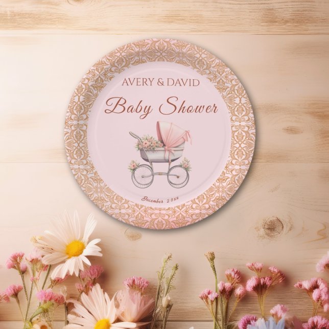 Vintage Pink Classic Girl Baby Shower Paper Plates (Creator Uploaded)