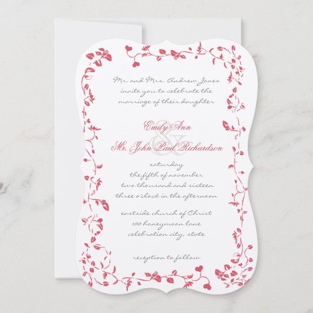 Vintage Pink Climbing Vine Rose  Wedding  Invitation (Front)