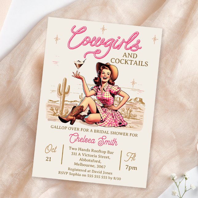 Vintage Pink Cocktails Cowgirl Bridal Shower Invit Invitation (Vintage Cowgirl Bridal Shower Invitation Template, Retro Western Cowgirls Bridal Shower Invitations)