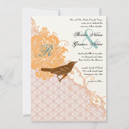 Vintage Pink Coral Aqua Endive Damask Wedding Invitation