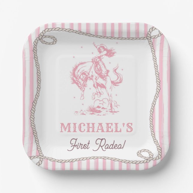 Vintage Pink Cowgirl 1st Birthday Party Paper Plates (Front)