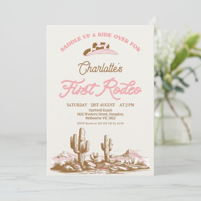 Vintage Pink Cowgirl First Rodeo 1st Birthday Invitation (Standing Front)