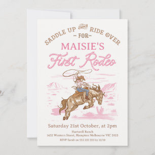 Vintage Pink Cowgirl First Rodeo 1st Birthday Invitation