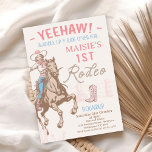 Vintage Pink Cowgirl First Rodeo 1st Birthday Invitation<br><div class="desc">Vintage Pink Cowgirl First Rodeo 1st Birthday Invitation

Poster style girls first rodeo 1st birthday invitation featuring a cowgirl and horse,  rope style text and cowgirl boot.  This girls 1st rodeo birthday invitation is ideal for someone looking for a vintage style invitation.</div>