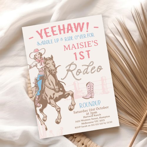 Vintage Pink Cowgirl First Rodeo 1st Birthday Invitation