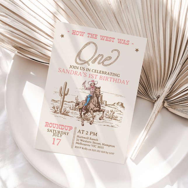 Vintage Pink Cowgirl How The West One 1st Birthday Invitation (How The West Was One Birthday Invitation Template Girl, Cowgirl 1st Birthday Invitation, Rope Text)