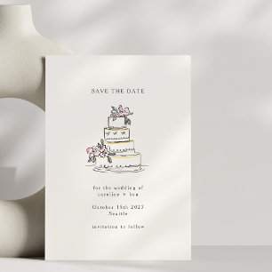 Vintage Pink Cream Doodle Minimalist Wedding Cake Save The Date