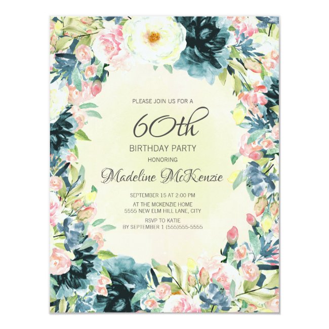 Vintage Pink Cream Floral Wreath 60th Birthday Invitation