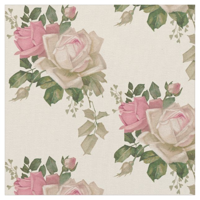 Vintage Pink & Cream Roses Fabric (Close Up)