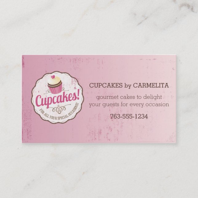Vintage pink cupcake label bakery baking business card (Front)