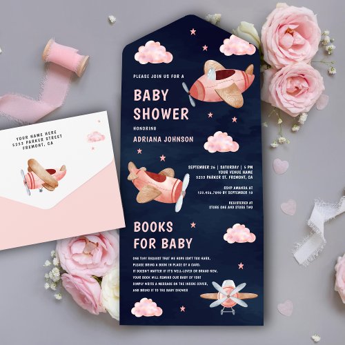 Vintage Pink Cute Airplanes Navy Blue Baby Shower All In One Invitation