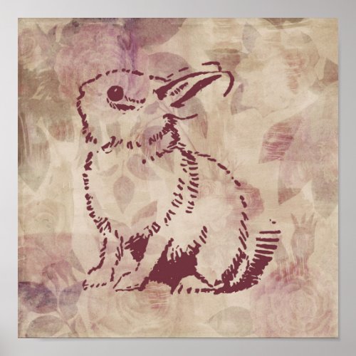 Vintage Pink Cute Bunny Rabbit Rose Flowers Style Poster