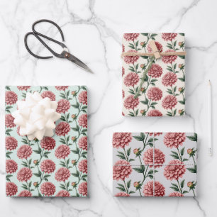 Vintage Pink Dahlias Floral Pattern Wrapping Paper Sheets
