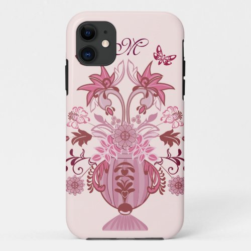 Vintage Pink damask bouquet and Monogram iPhone 11 Case