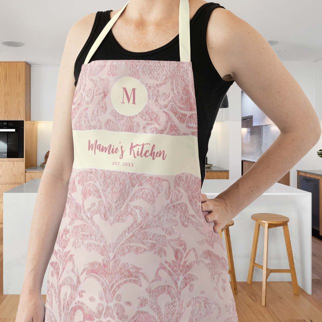 Vintage Pink Damask Elegant Custom Monogram Gift Apron (vintage damask retro pink mom apron christmas gift personalized monogram hostess grandma pretty)