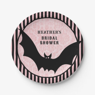 Vintage Pink Damask Halloween Bat Bridal Shower Paper Plates