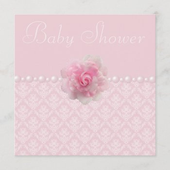 Vintage Pink Damask  Rose & Pearls Baby Shower Invitation by AJ_Graphics at Zazzle