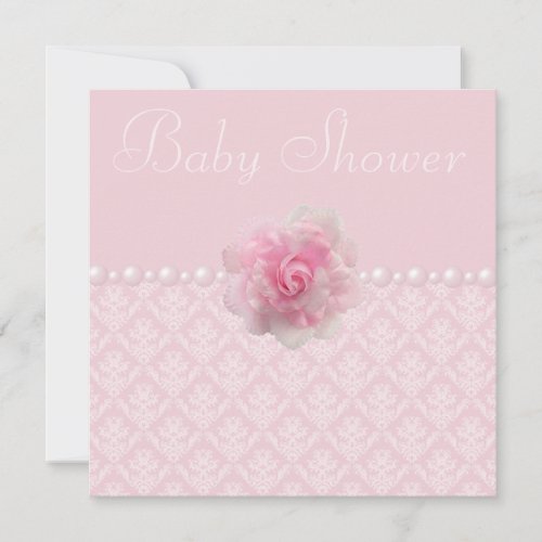 Vintage Pink Damask Rose  Pearls Baby Shower Invitation