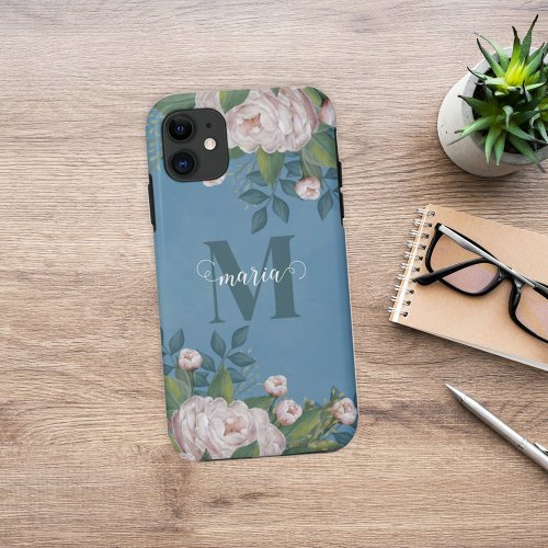 Vintage Pink Elegant Floral Rose Monogram Name iPhone 11 Case