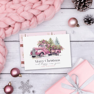 Vintage Pink Farm Truck Christmas Tree Holiday Card