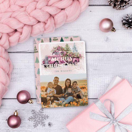 Vintage Pink Farm Truck Christmas Tree Photo Foil Holiday Card