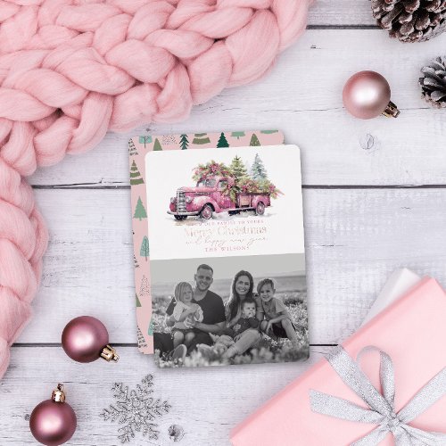 Vintage Pink Farm Truck Christmas Tree Photo Foil Holiday Card
