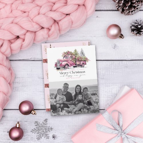 Vintage Pink Farm Truck Christmas Tree Photo Holiday Card