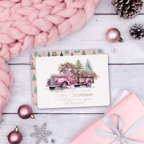 Vintage Pink Farm Truck Christmas Tree White Foil Holiday Card