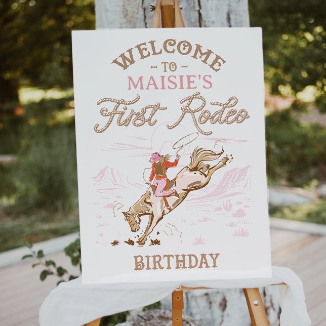 Vintage Pink First Rodeo Birthday Welcome Sign (Girls First Rodeo Welcome Poster, Cowgirls First Rodeo 1st Birthday Party Welcome Sign, Pink Brown)