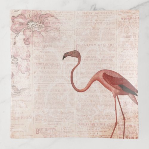 Vintage Pink Flamingo Floral Trinket Tray