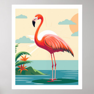 Vintage Pink Flamingo on Beach Poster