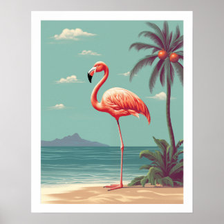 Vintage Pink Flamingo on Beach Poster