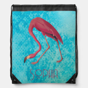 Vintage Pink Flamingo on Blue Drawstring Bag