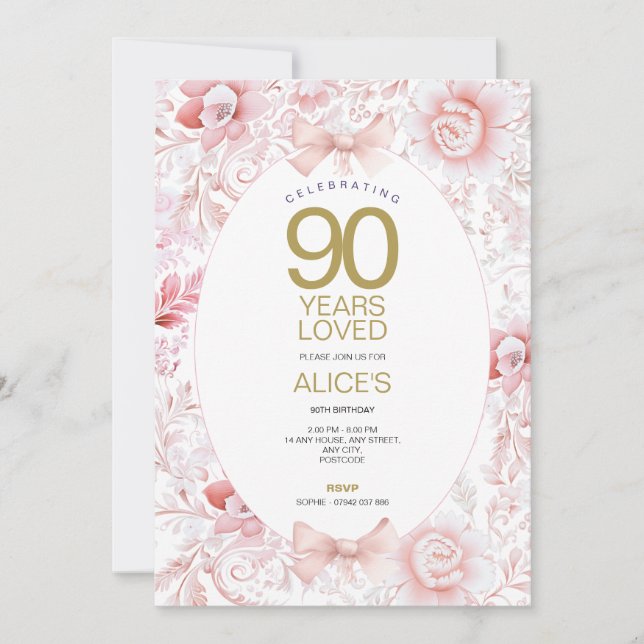 Vintage Pink Floral 90th Birthday Invitation (Front)