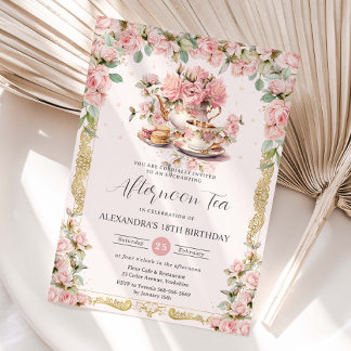 Vintage Pink Floral Afternoon Tea Party Birthday Invitation