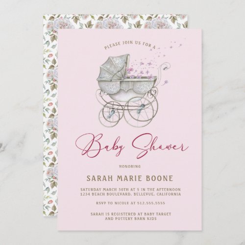 Vintage Pink Floral Baby Carriage Girl Baby Shower Invitation