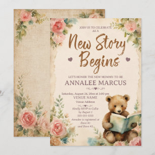 Vintage Pink Floral Bear Book Baby Shower Invitation