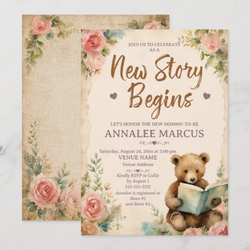 Vintage Pink Floral Bear Book Baby Shower Invitation