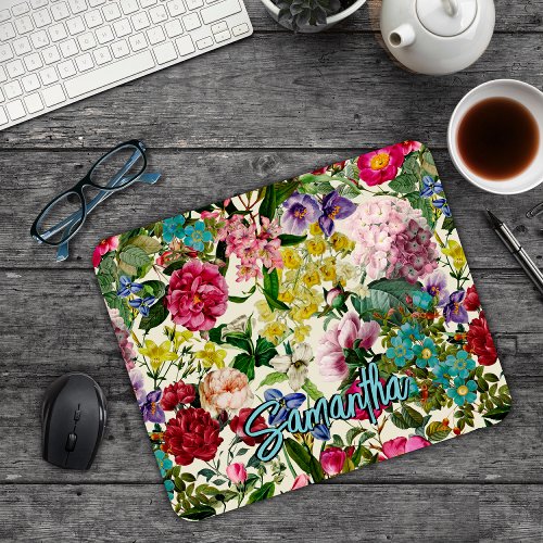 Vintage pink floral beige pattern monogram mouse p mouse pad