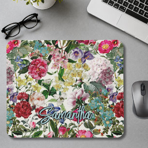 Vintage pink floral beige pattern monogram mouse p pad