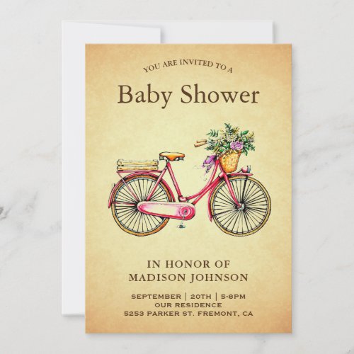 Vintage Pink Floral Bicycle Baby Shower Invitation