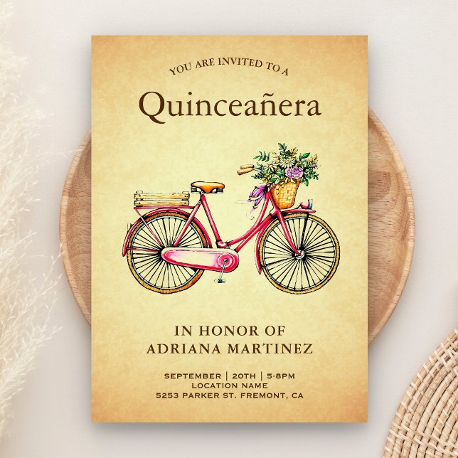 Vintage Pink Floral Bicycle Quinceanera Invitation (Creator Uploaded)