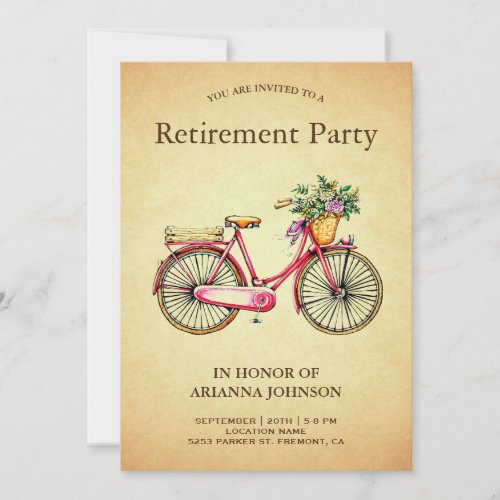 Vintage Pink Floral Bicycle Retirement Party Invitation