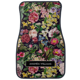 Vintage pink floral black pattern monogram car floor mat