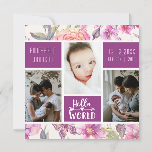 Vintage Pink Floral Bold Photo Collage Birth Announcement