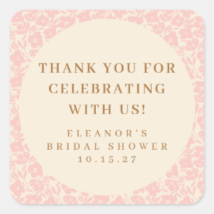 Vintage Pink Floral Bridal Shower Custom Thank You Square Sticker