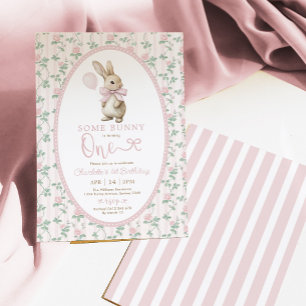 Vintage Pink Floral Bunny Rabbit 1st Birthday Girl Invitation