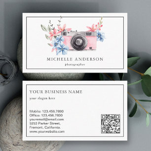 Vintage Pink Floral Camera QR Code Photographer Business Card