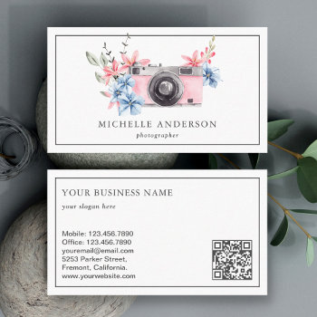 Vintage Pink Floral Camera Qr Code Photographer Business Card by ShabzDesigns at Zazzle
